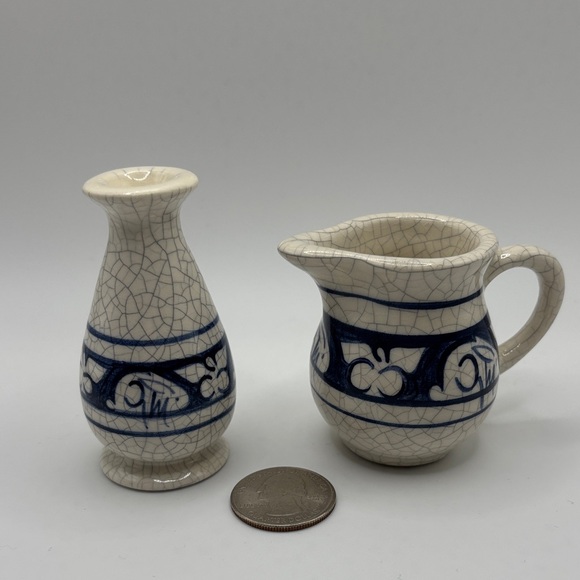 Dedham Pottery The Potting Shed Bunny Rabbit Crackle Tiny Creamer and Tiny Vase - Picture 1 of 6
